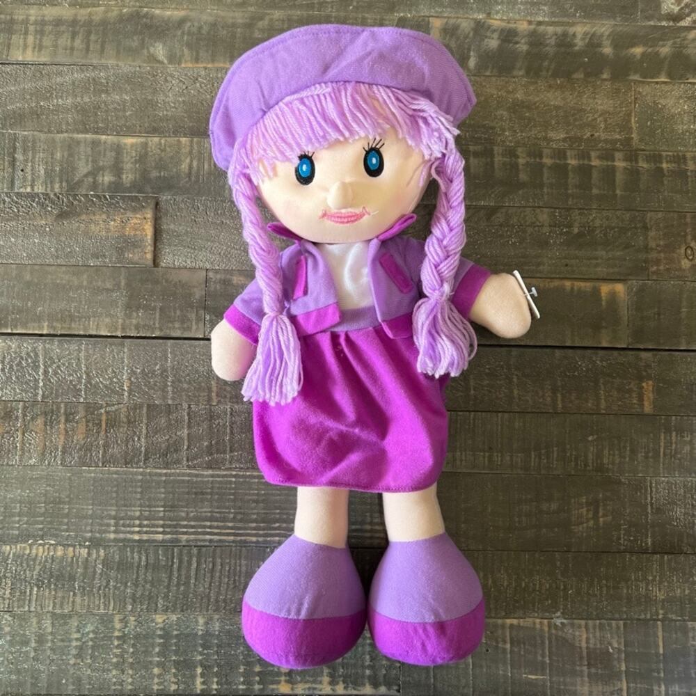 Anlevo Purple Plush Rag Doll Yarn Braids Beret Soft Body Toy New with Tags